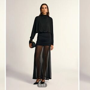 Commense Turtleneck Long Sleeve Drape Ruched Mesh Dress